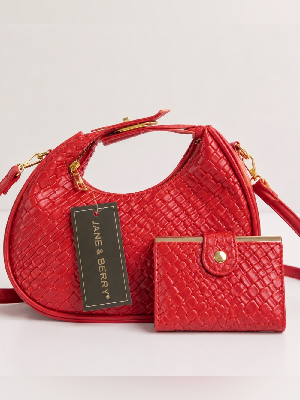 Jane & Berry Red Woven Crescent Shoulder Bag with Matching Wallet